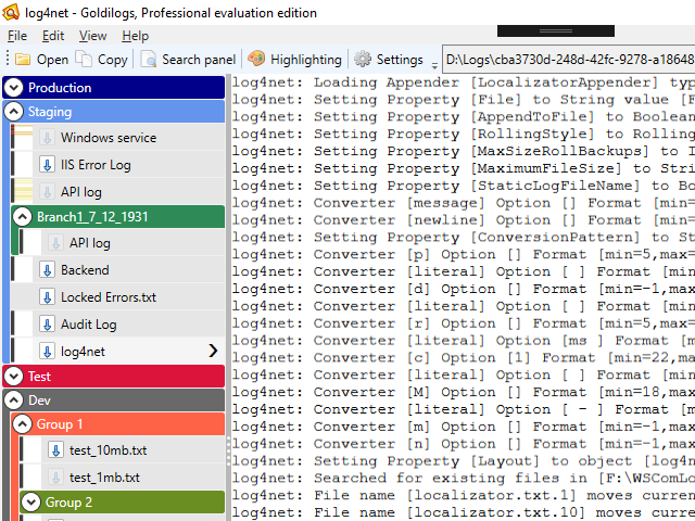 Log panel with groups