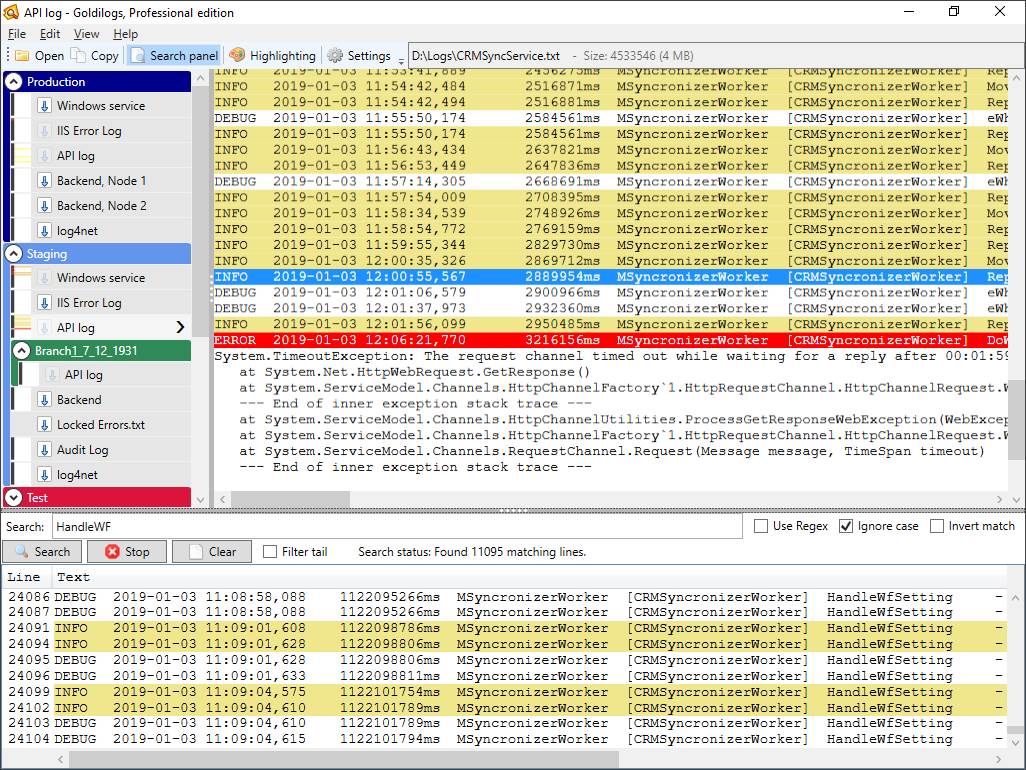 GoldiLogs main window overview