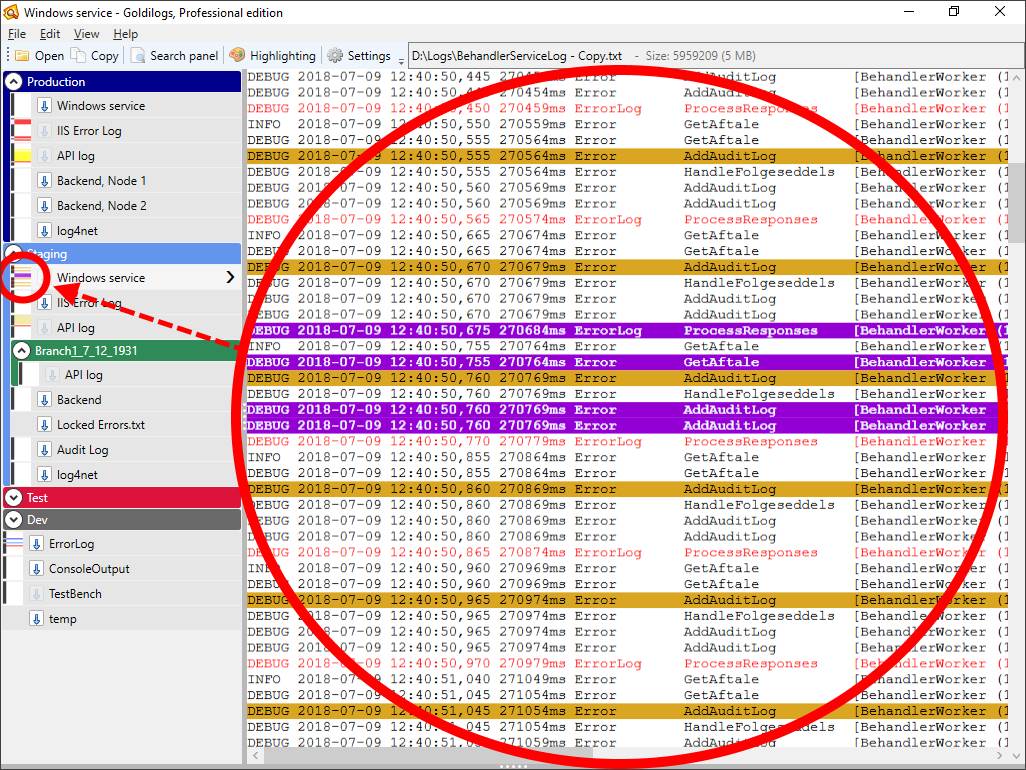 Log panel with thumbnails